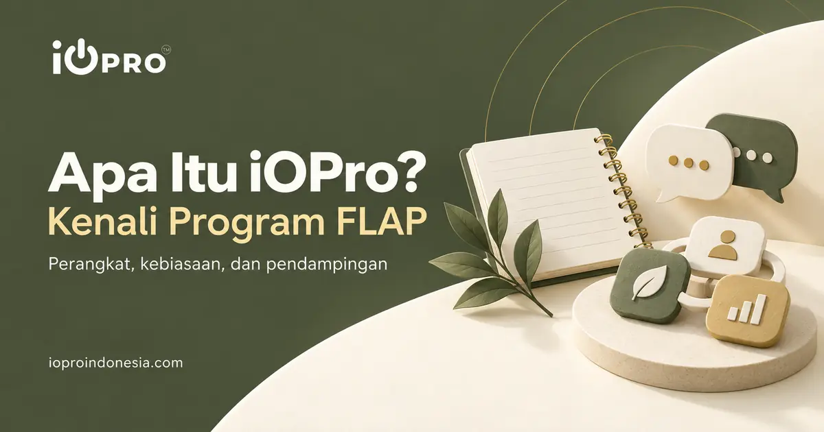 Apa itu iOPro: pengenalan program FLAP dengan ilustrasi catatan dan komunikasi pendampingan.