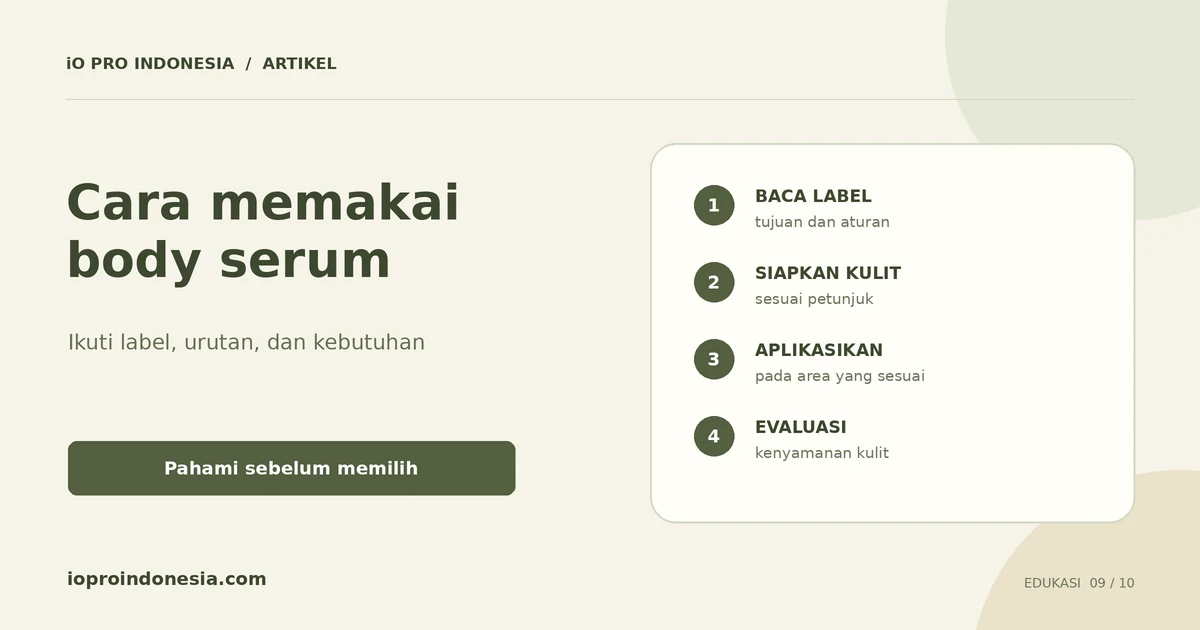 Diagram langkah memakai body serum: baca label, siapkan kulit, aplikasikan, lalu evaluasi kenyamanan.