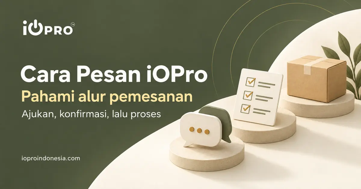 Cara pesan iOPro: pengajuan, konfirmasi, dan pemrosesan, dengan ilustrasi percakapan, daftar periksa, dan paket.