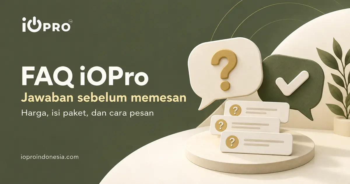 FAQ iOPro tentang harga, isi paket, dan cara pesan dengan ilustrasi tanya jawab.