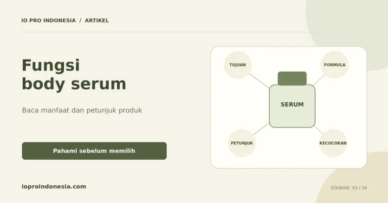 Diagram membaca label body serum melalui tujuan penggunaan, formula, petunjuk, dan kecocokan kulit.