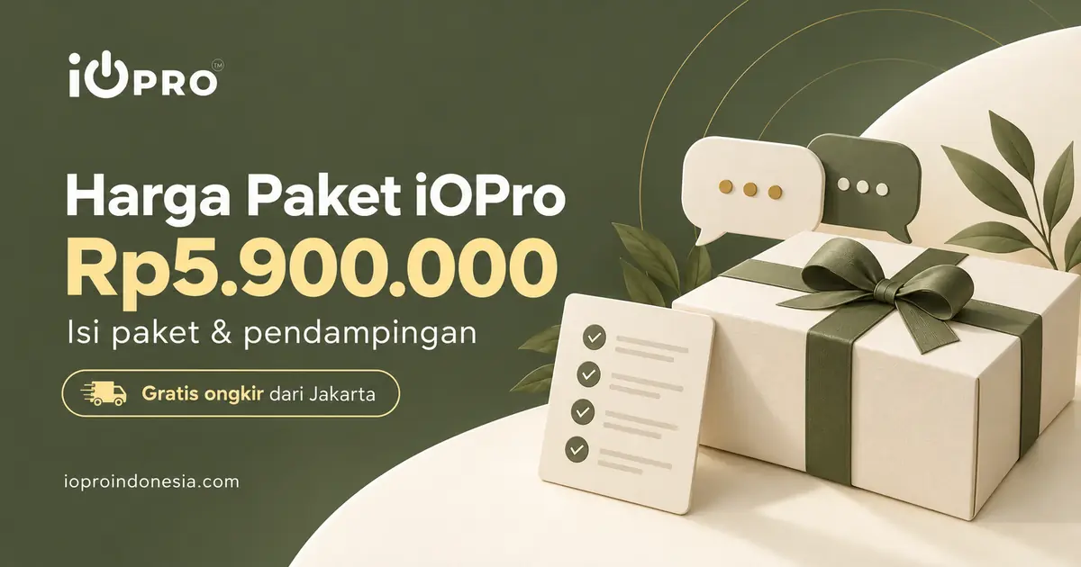 Harga paket iOPro Rp5.900.000, gratis ongkir dari Jakarta, dengan ilustrasi paket dan daftar periksa.