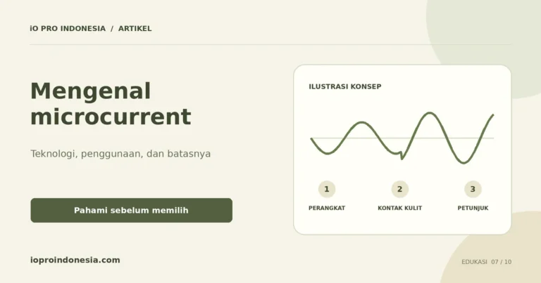 Diagram konsep microcurrent: perangkat, kontak kulit, dan penyesuaian arus, tanpa menggambarkan hasil klinis.
