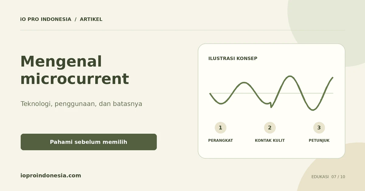 Diagram konsep microcurrent: perangkat, kontak kulit, dan penyesuaian arus, tanpa menggambarkan hasil klinis.