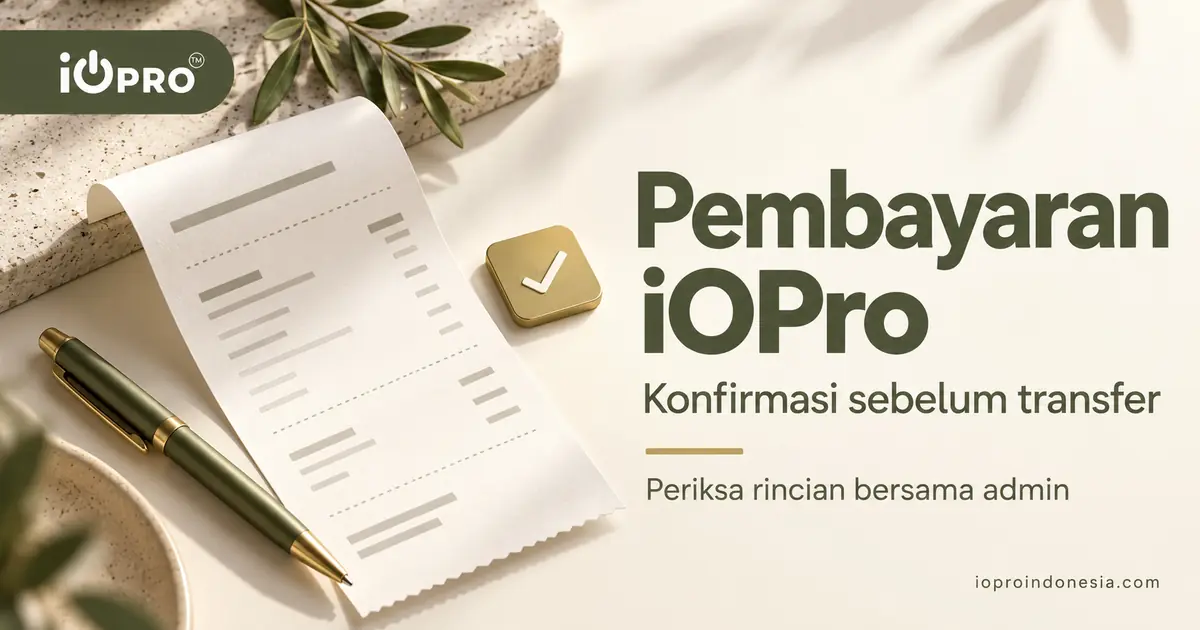 Panduan pembayaran iOPro untuk konfirmasi sebelum transfer, dengan ilustrasi bukti transaksi dan pena.