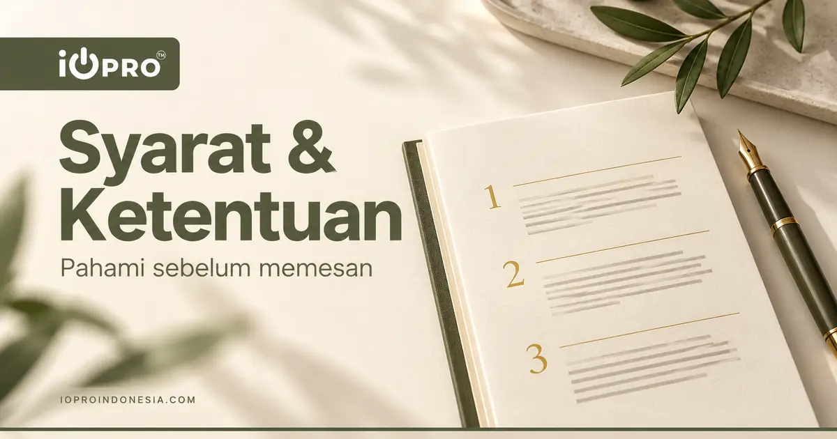 Syarat dan ketentuan iOPro untuk dipahami sebelum memesan, dengan ilustrasi dokumen dan pena.