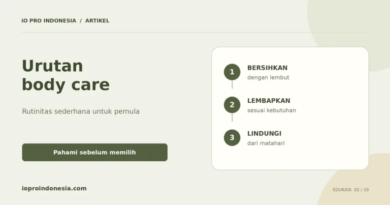 Diagram rutinitas body care yang menghubungkan pembersihan lembut, pelembap, dan perlindungan matahari.